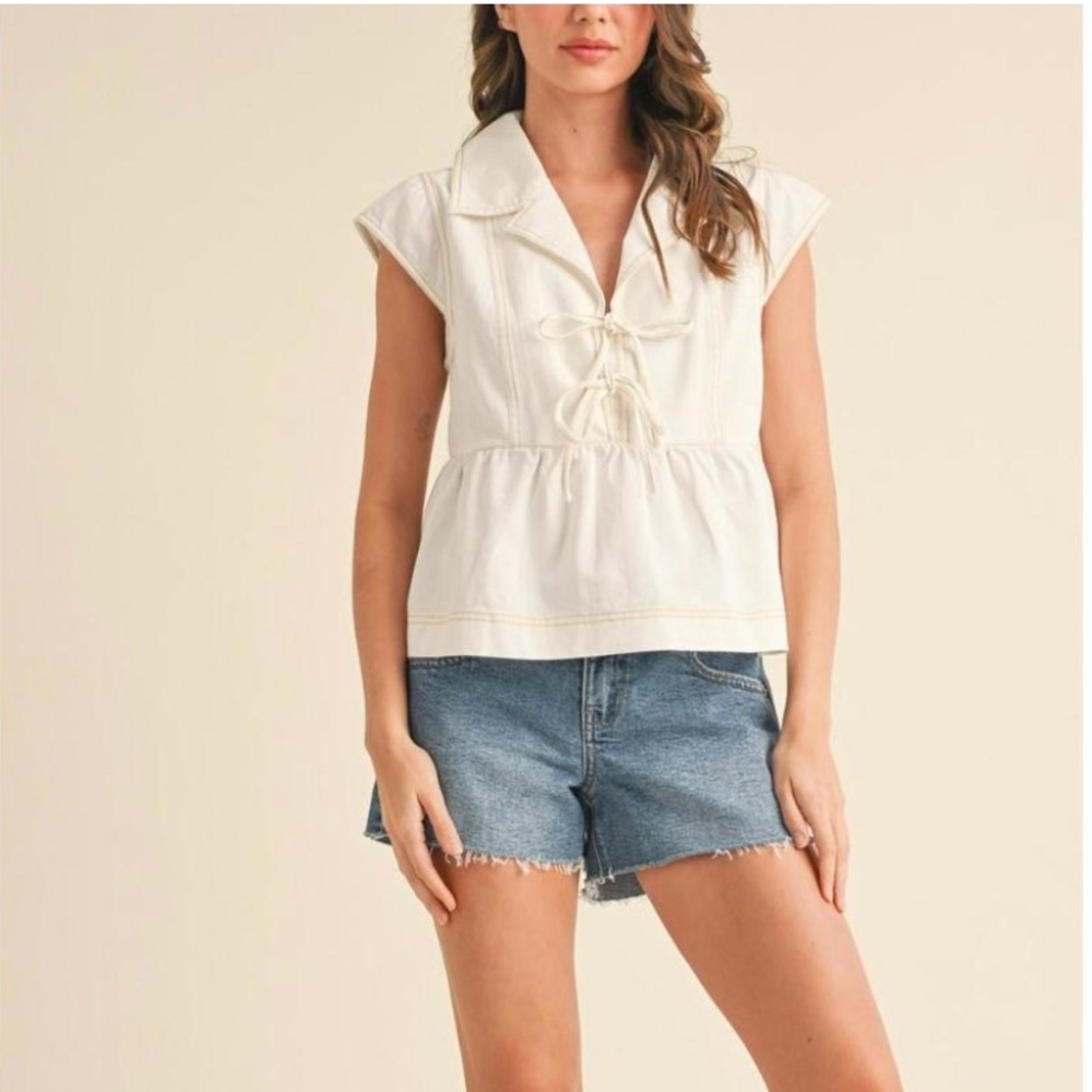 Front Bow - Babydoll - White Denim - Relaxed - Contrast Stitched Top - &Merci SM